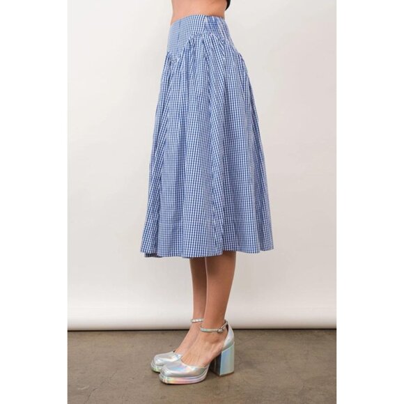 Vintage-Style Blue Gingham Midi Skirt – A-Line Full Gathered Waist - Picture 3 of 4